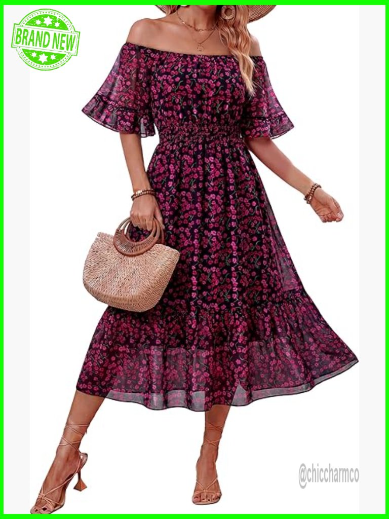 Off Shoulder Midi Dress With Ruffle Sleeves Smocked Waist Flowy Boho Summer